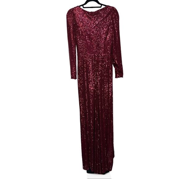 NWT IEENA for MAC DUGGAL Wine Long Sleeve Sequin Faux Wrap Gown Women’s - Picture 7 of 10